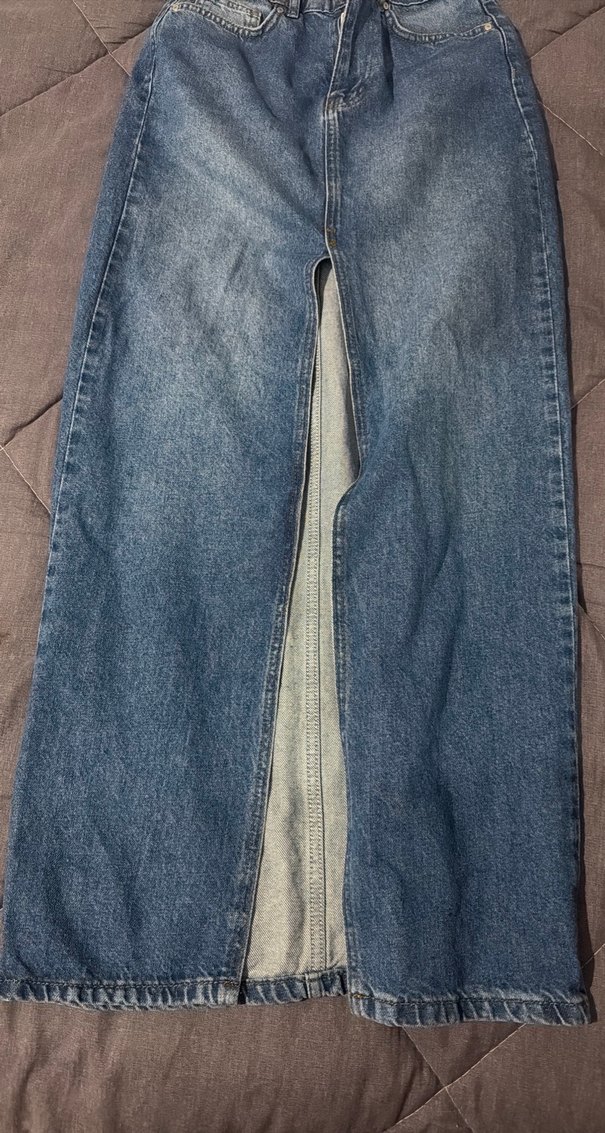 Düğmeli Yırtmaçlı Uzun Kot Etek - Görsel 2