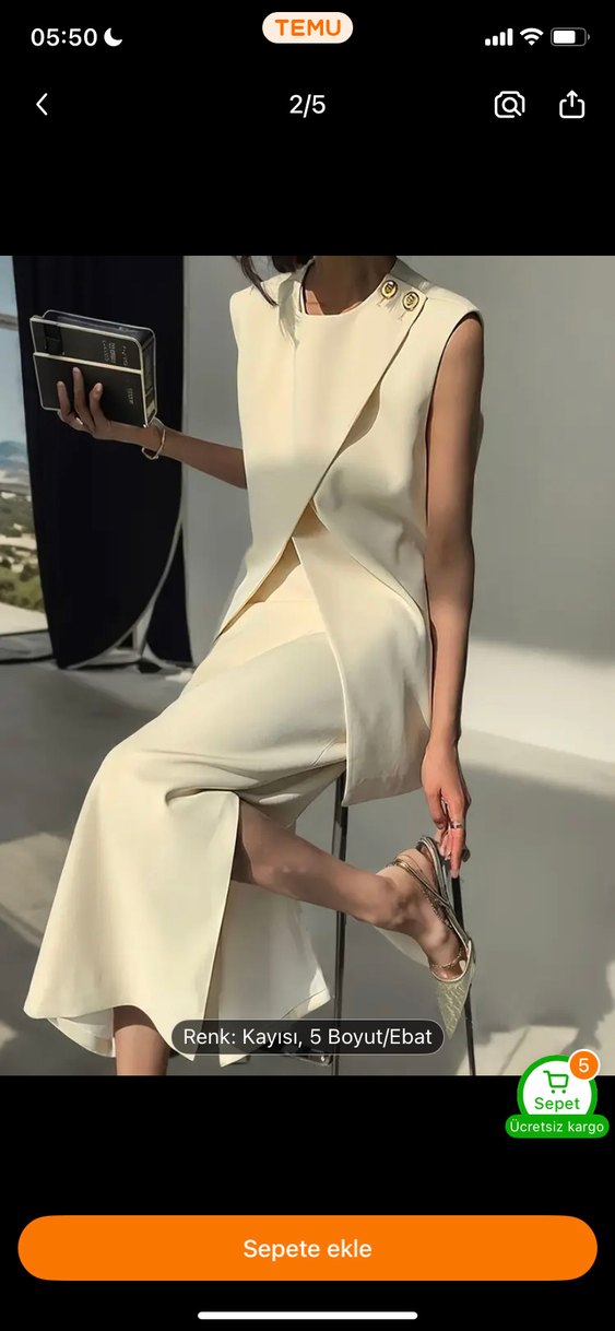 Krem iki parça Uzun Kadın takımı - Görsel 2