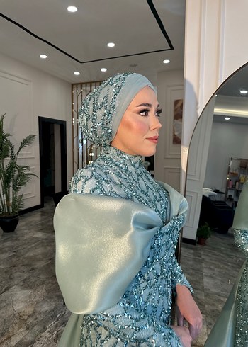 Uzun Kollu Yüksek Yakalı Turkuaz  Nişan Elbisesi - Görsel 11