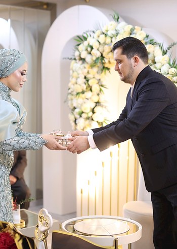 Uzun Kollu Yüksek Yakalı Turkuaz  Nişan Elbisesi - Görsel 6