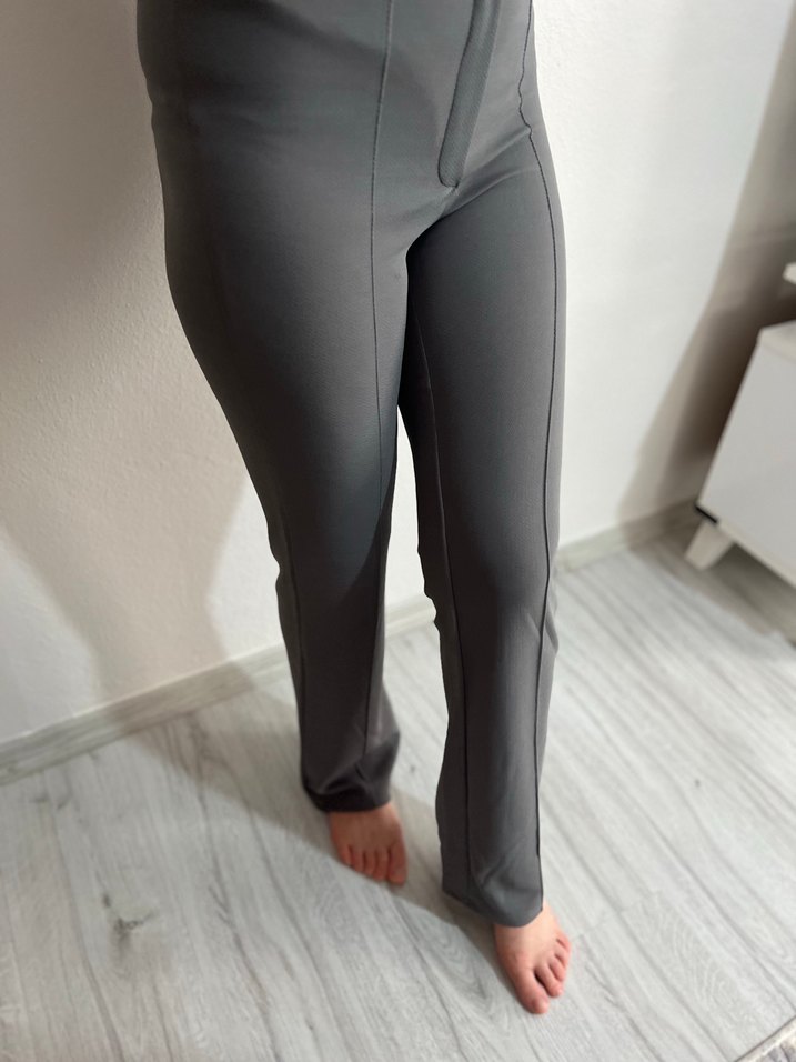 Düğmeli Gri Kadın Kumaş Pantolon - Görsel 4