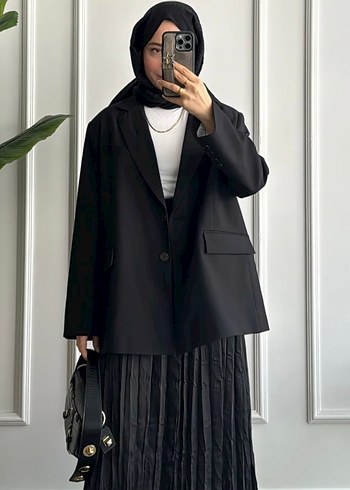 Diğer Siyah Düz Kesim Midi Kadın Blazer Ceket