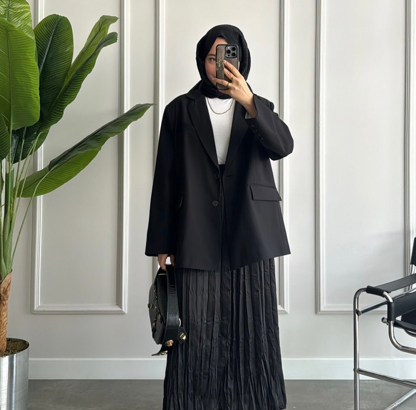 Siyah Düz Kesim Midi Kadın Blazer Ceket - Görsel 2