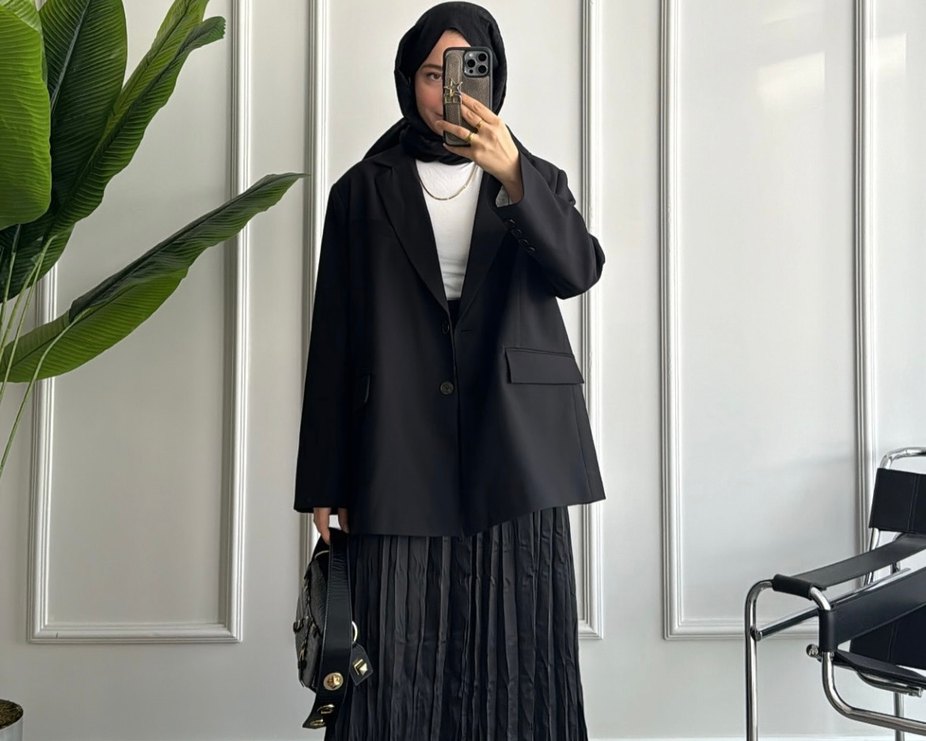 Siyah Düz Kesim Midi Kadın Blazer Ceket - Görsel 3