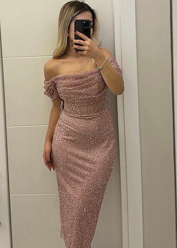 Pembe Parlak Straplez Uzun Abiye Elbise
