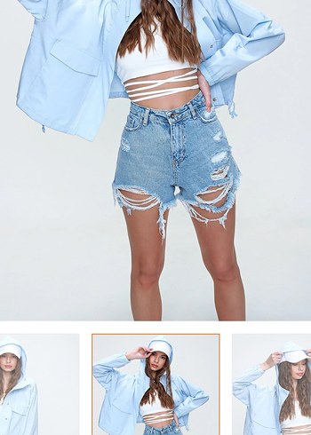 Düğmeli Açık Mavi Kadın Kot Şort - Görsel 2