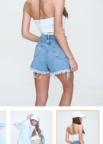 Düğmeli Açık Mavi Kadın Kot Şort - Görsel 3