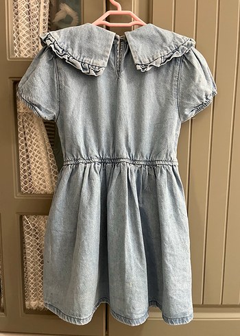 4 Yaş Beden Kız Çocuk Denim Elbise, Fırfırlı Yaka, Kısa Kollu