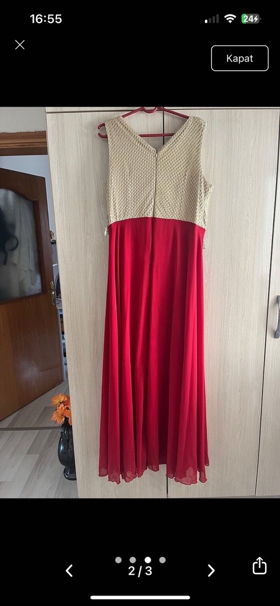 Kırmızı İşlemeli Boncuk Detaylı Uzun Abiye Elbise - Görsel 2