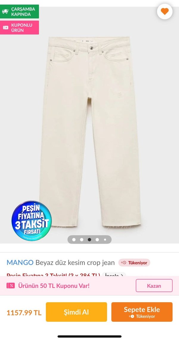 MANGO Beyaz Düz Kesim Crop Jean - Görsel 3