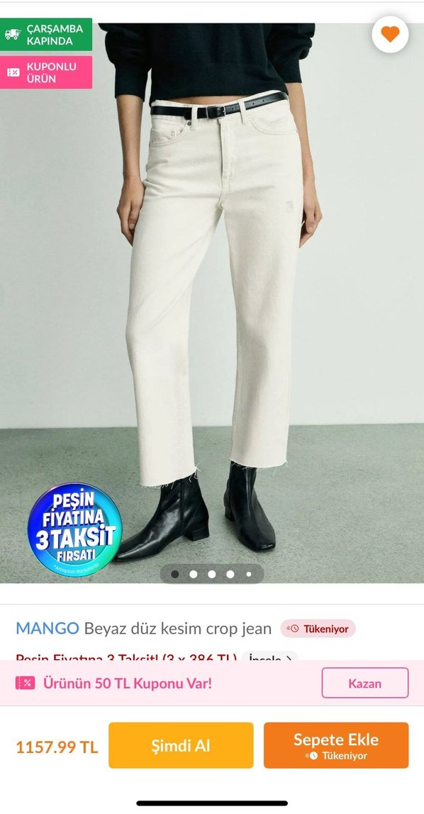 MANGO Beyaz Düz Kesim Crop Jean - Görsel 2