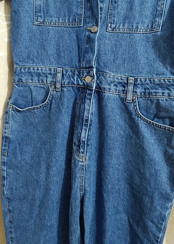 Kısa Kollu Lacivert Denim Tulum - Görsel 5