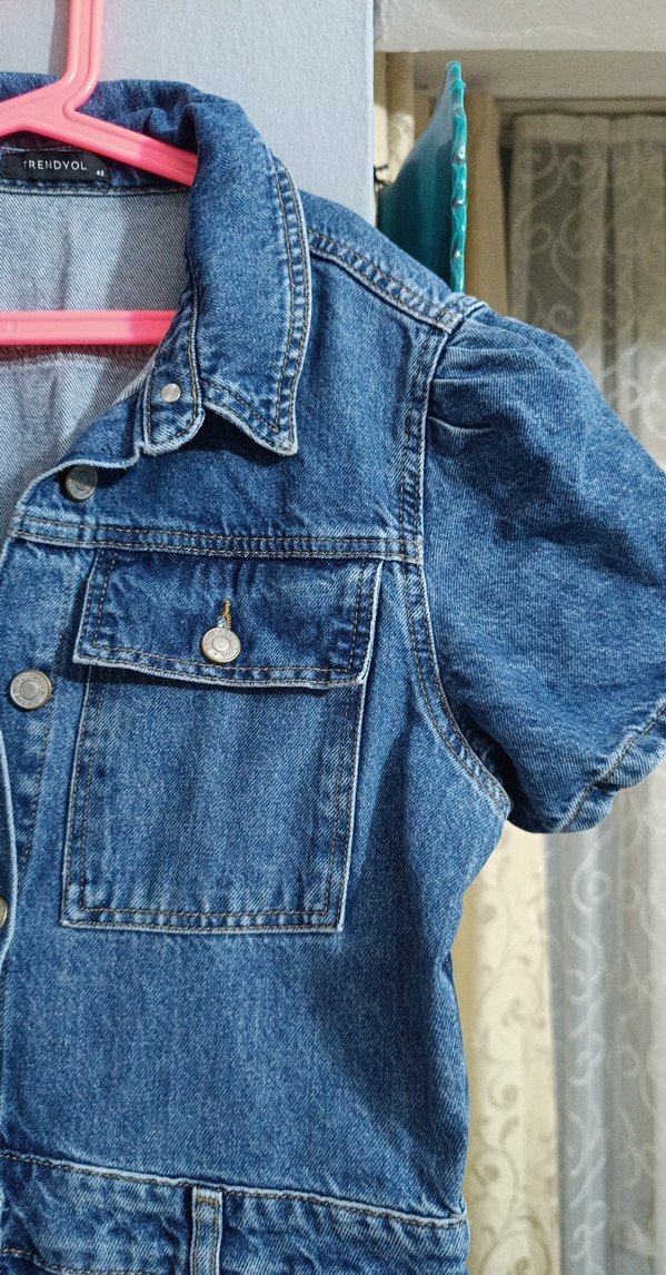 Kısa Kollu Lacivert Denim Tulum - Görsel 4