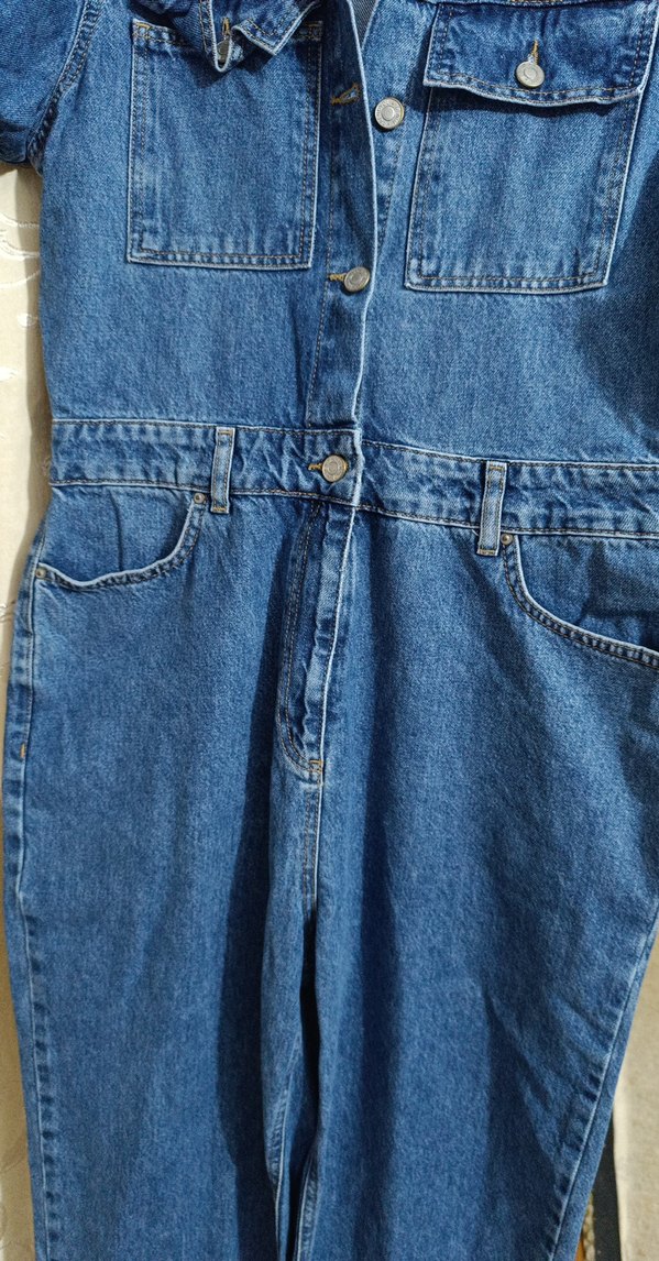 Kısa Kollu Lacivert Denim Tulum - Görsel 5