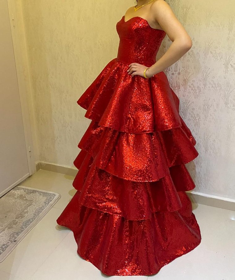 Parlak Kırmızı Straplez Uzun Abiye Elbise - Görsel 3