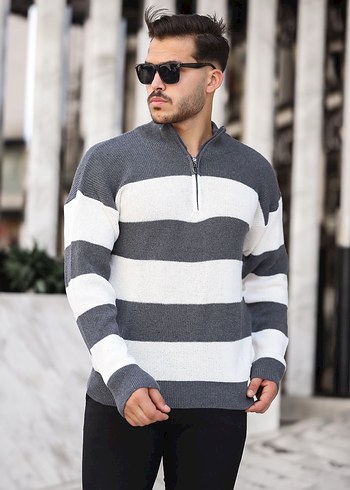 m Beden beyaz Renk Erkek Beyaz Örgü Yarım Fermuarlı Sweatshirt