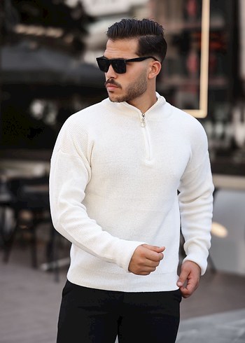 Erkek Beyaz Örgü Yarım Fermuarlı Sweatshirt
