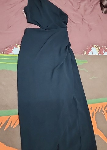 Siyah Uzun Drapeli Straplez Elbise - Görsel 2