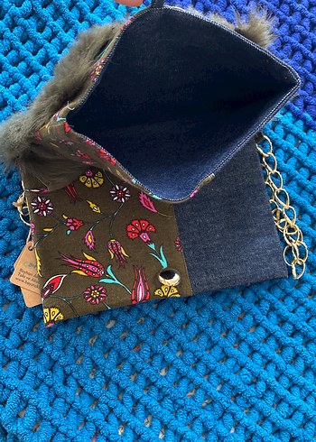 El yapımı,haki Kürklü denim Kadın Çanta - Görsel 4