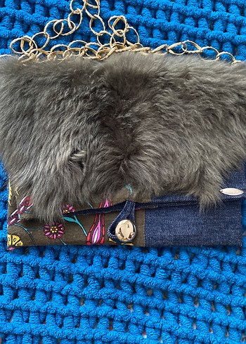 El yapımı,haki Kürklü denim Kadın Çanta - Görsel 6