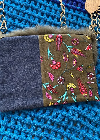 El yapımı,haki Kürklü denim Kadın Çanta - Görsel 5