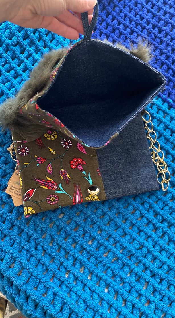 El yapımı,haki Kürklü denim Kadın Çanta - Görsel 4