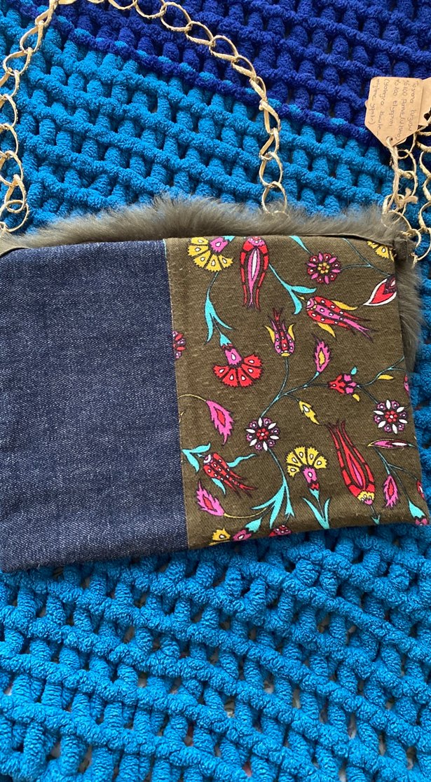 El yapımı,haki Kürklü denim Kadın Çanta - Görsel 5