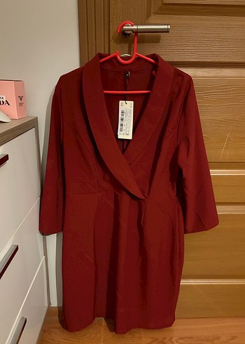 Bordo Mini Deri Ofis Elbisesi Kemerli - Görsel 2