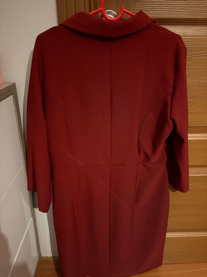 Bordo Mini Deri Ofis Elbisesi Kemerli - Görsel 5