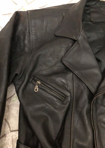 Kemerli Siyah Deri Biker Ceket - Görsel 5