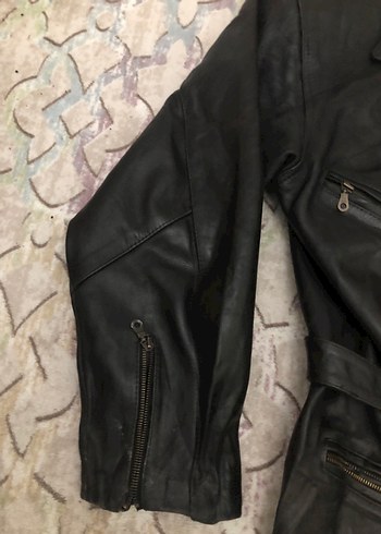 Kemerli Siyah Deri Biker Ceket - Görsel 3