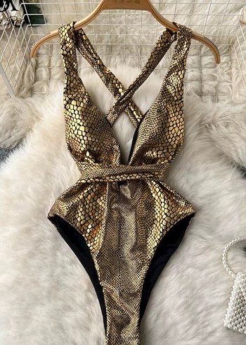 Parlak Altın Yılan Desenli Mini Mayo - Görsel 16