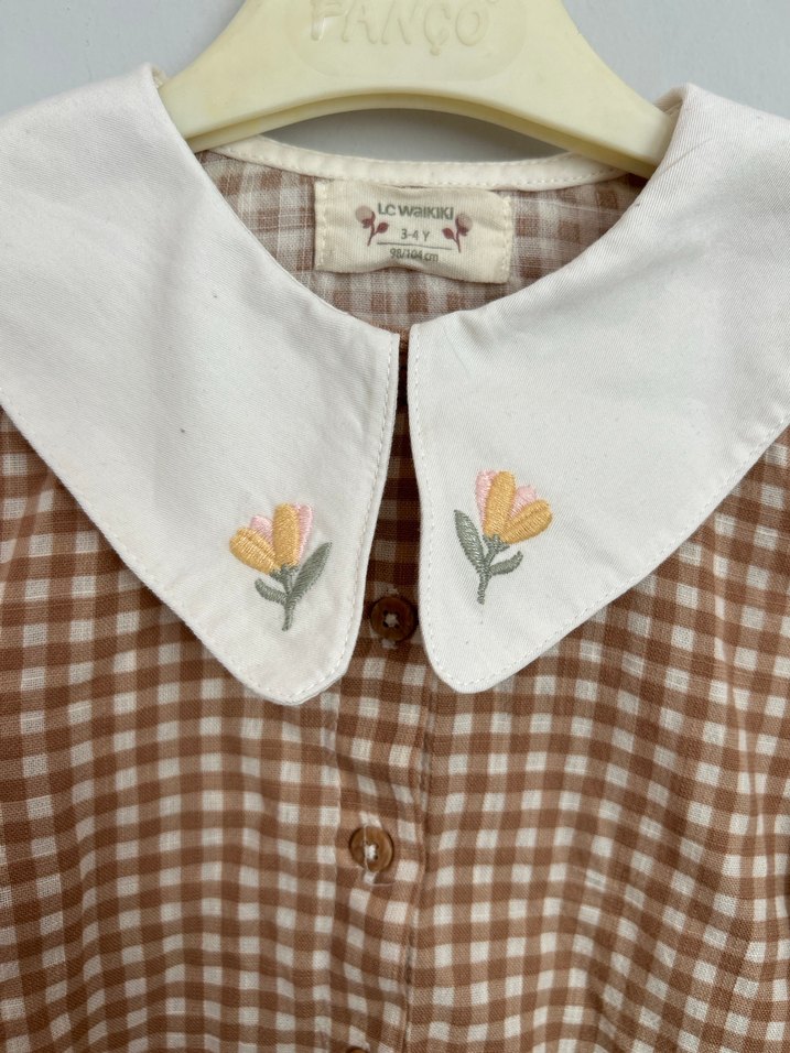 Nakış İşlemeli Bej Kareli Kız Gömlek - Görsel 2