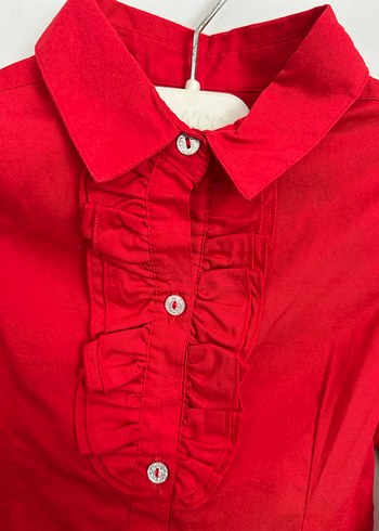 Kız Çocuk Kırmızı Keten Fırfırlı Gömlek - Görsel 2