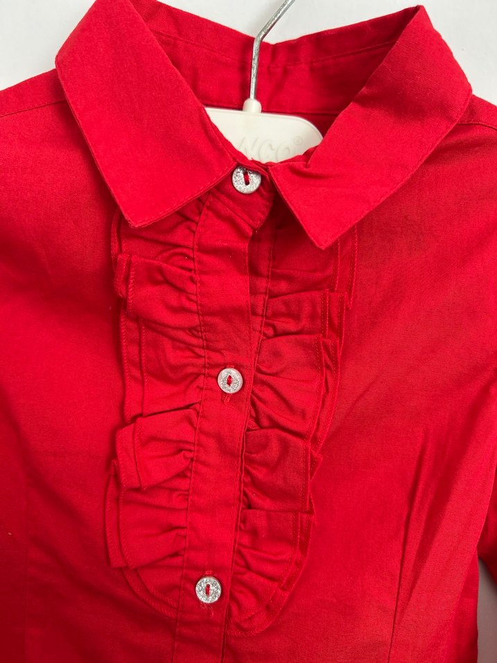 Kız Çocuk Kırmızı Keten Fırfırlı Gömlek - Görsel 2