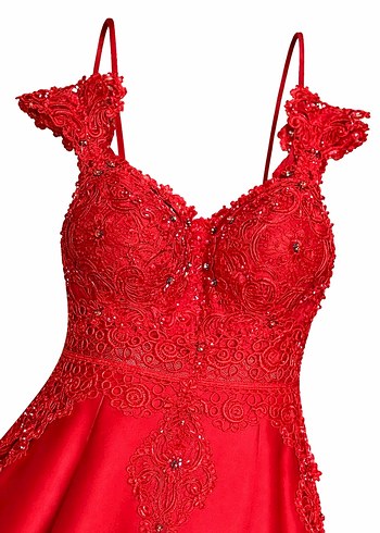 Kırmızı Nakışlı Uzun Abiye kınalık Elbise - Görsel 4