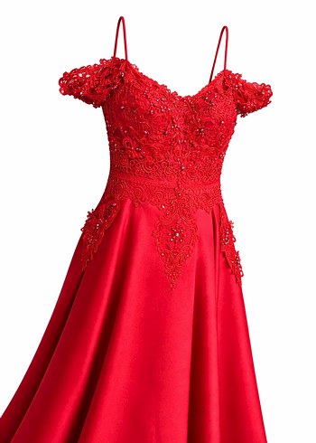 Kırmızı Nakışlı Uzun Abiye kınalık Elbise - Görsel 2