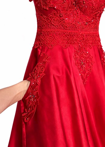 Kırmızı Nakışlı Uzun Abiye kınalık Elbise - Görsel 7