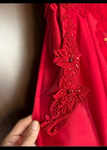 Kırmızı Nakışlı Uzun Abiye kınalık Elbise - Görsel 5