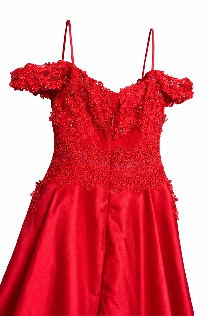 Kırmızı Nakışlı Uzun Abiye kınalık Elbise - Görsel 3