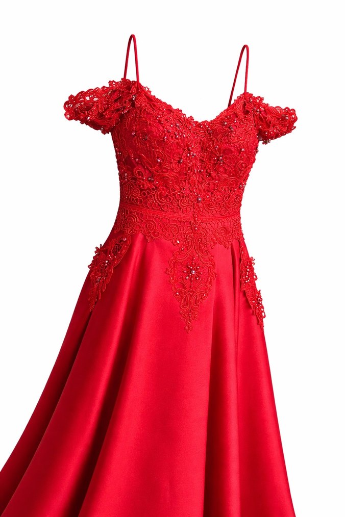 Kırmızı Nakışlı Uzun Abiye kınalık Elbise - Görsel 2