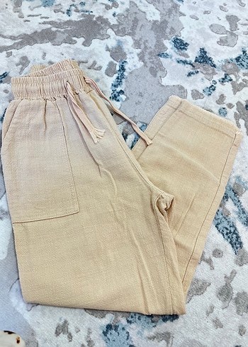 Bej Bol Kesim Keten Kadın Pantolon