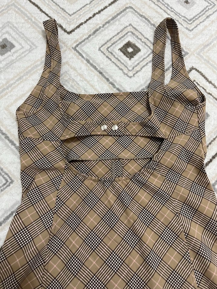 Kahverengi Kareli Midi Örme Elbise - Görsel 5