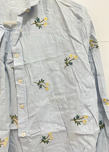 Mavi Nakışlı Pamuklu Uzun Kollu Kadın Gömlek - Görsel 2
