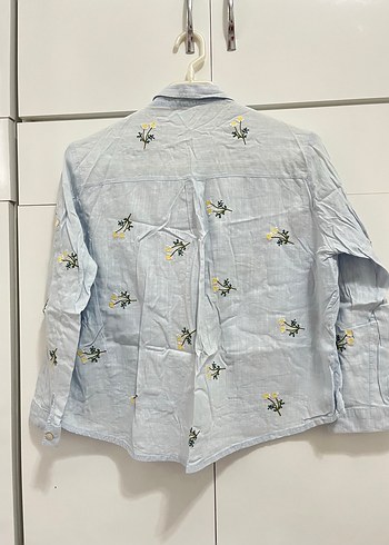 Mavi Nakışlı Pamuklu Uzun Kollu Kadın Gömlek - Görsel 3