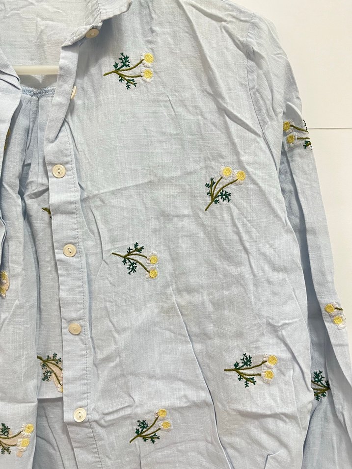 Mavi Nakışlı Pamuklu Uzun Kollu Kadın Gömlek - Görsel 2