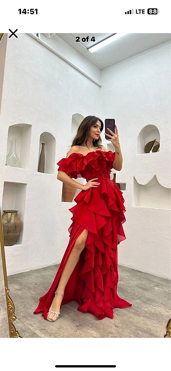 s Beden Kırmızı saten polyester volanlı kına gece elbisesi abiye