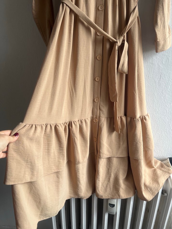 Bej Uzun Elbise, Fırfırlı, Bohem Tarz - Görsel 4