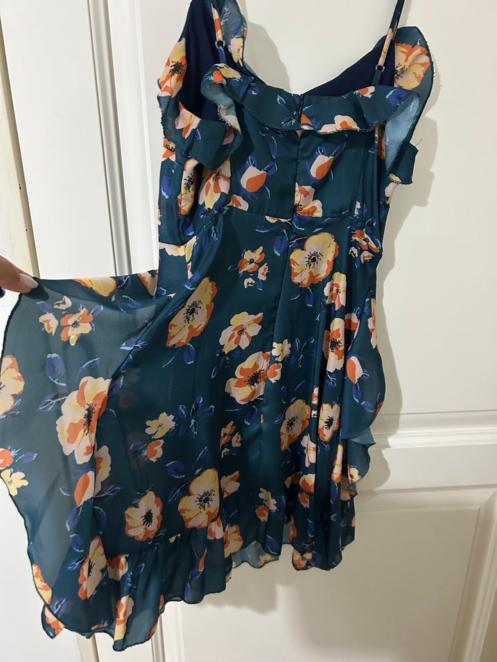 Mavi Çiçek Desenli Fırfırlı Mini Elbise - Görsel 3