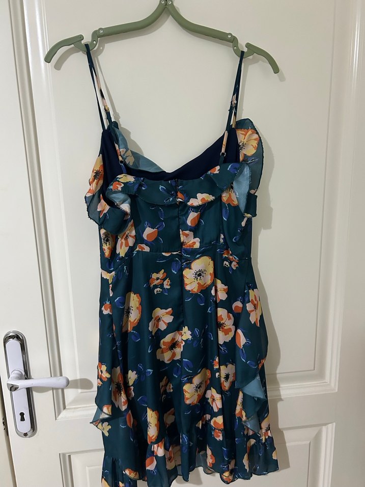 Mavi Çiçek Desenli Fırfırlı Mini Elbise - Görsel 2